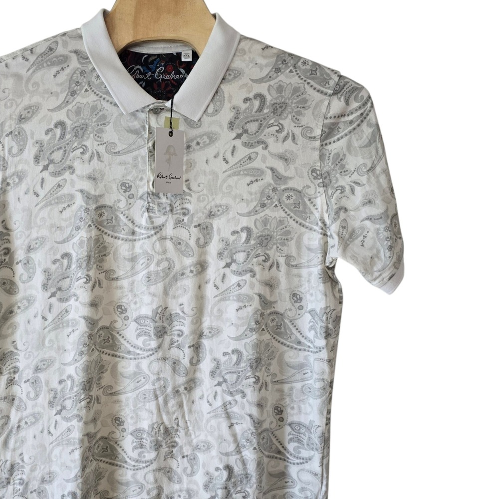 Robert Graham Cross Keys Mens 2XL White Grey Paisley Cotton Polo Shirt Golf